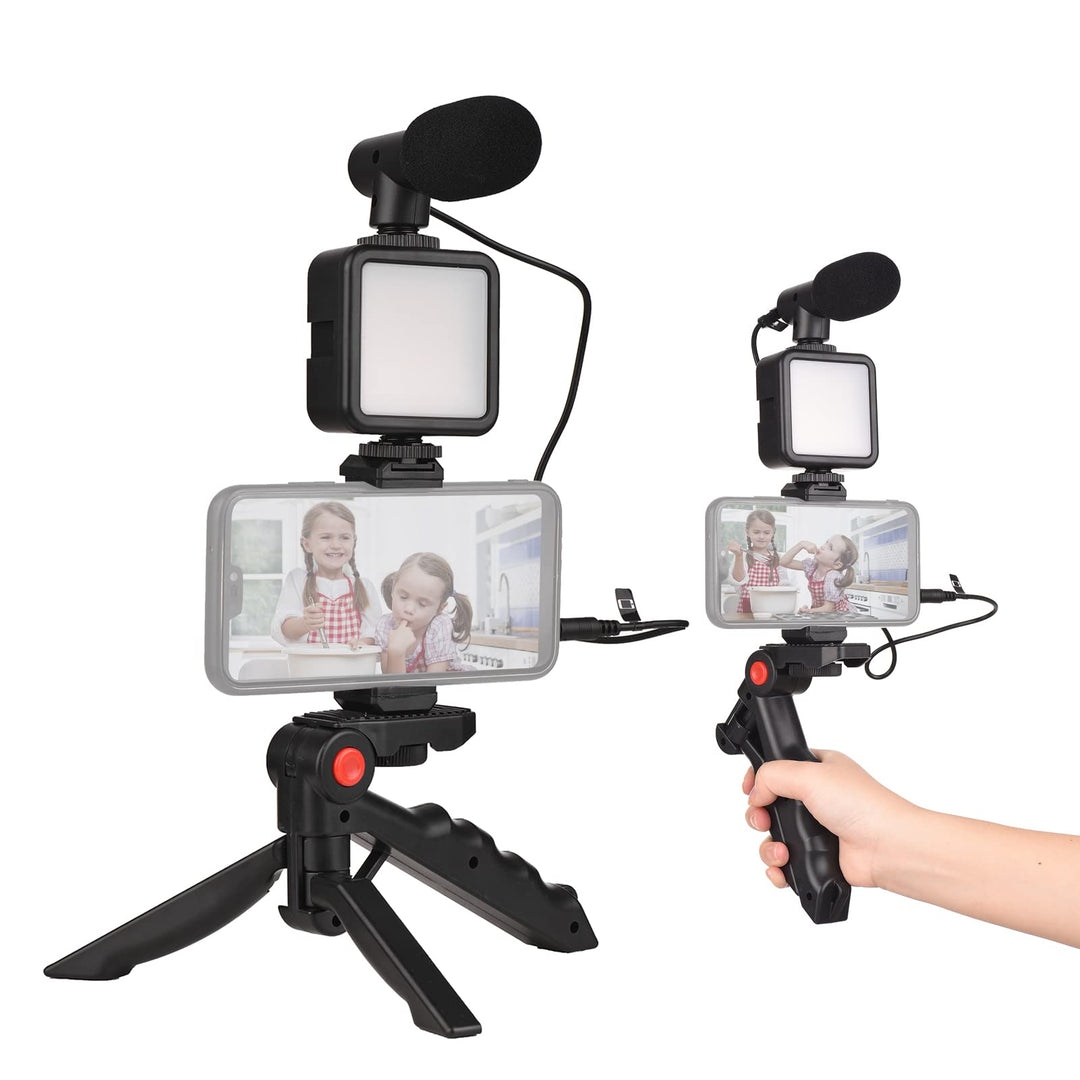 Andoer Smartphone Vlog Kit Mini LED Videoleuchte + Nierenmikrofon + Ausziehbarer Telefonclip + Stati