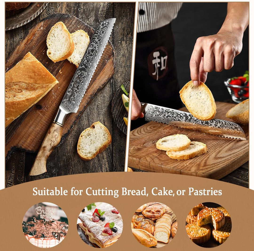 HEZHEN Damast Brotmesser, Profi Kuchenmesser mit Wellenschliff, Gezackten Küchenmesser, Ergonomische
