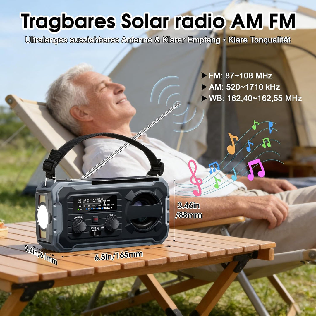 Kurbelradio, Tragbares Solarradio mit AM/FM, 10000mAh Powerbank, Notfallradio mit SOS-Alarm, LED-Tas