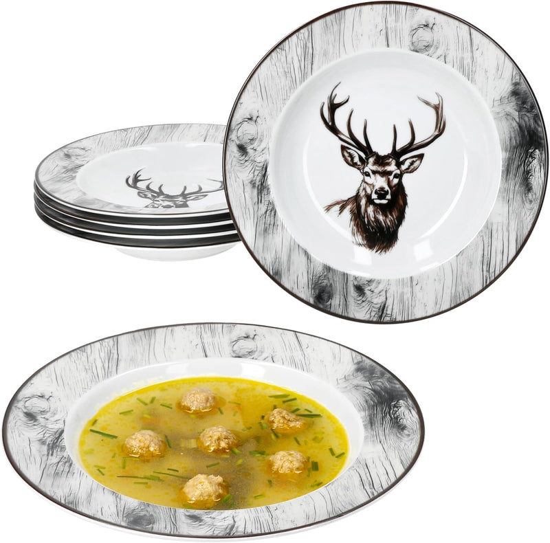MamboCat Alois 6er Set Suppenteller I 180ml I Porzellan-Geschirr mit Hirsch-Dekor für 6 Personen I T