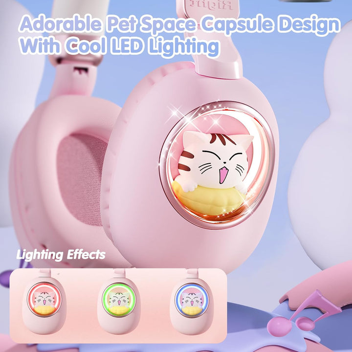 Kinder Kopfhörer mit Katzenohren, Bluetooth 5.4 Over-Ear Noise Cancelling Kopfhörer mit Mikrofon, LE