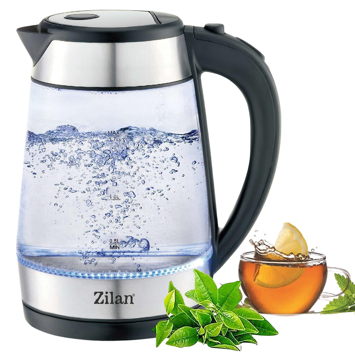 Edelstahl Glas Wasserkocher | 2200W | 1,7 Liter | Blaue LED-Beleuchtung | 360 Grad | Kalkfilter | BP
