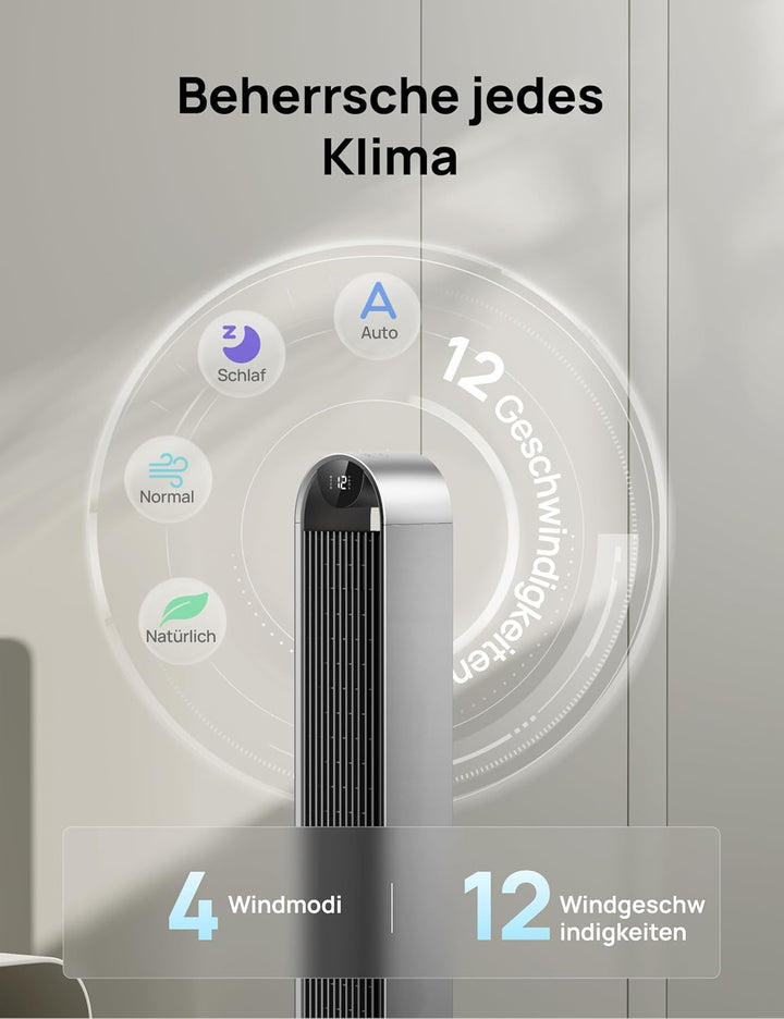 Dreo Pilot Max Smart Turmventilator mit Sprachsteuerung, WiFi Alexa fan, APP Steuerung, 120° Oszilli