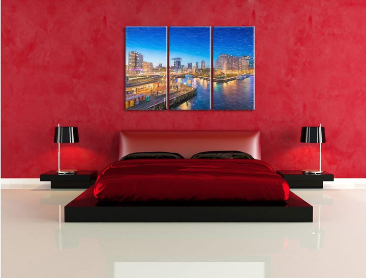 Pixxprint Atemberaubender Ausblick auf Rotterdam Bunstift Effekt 3-Teiler Leinwandbild 120x80 Bild a