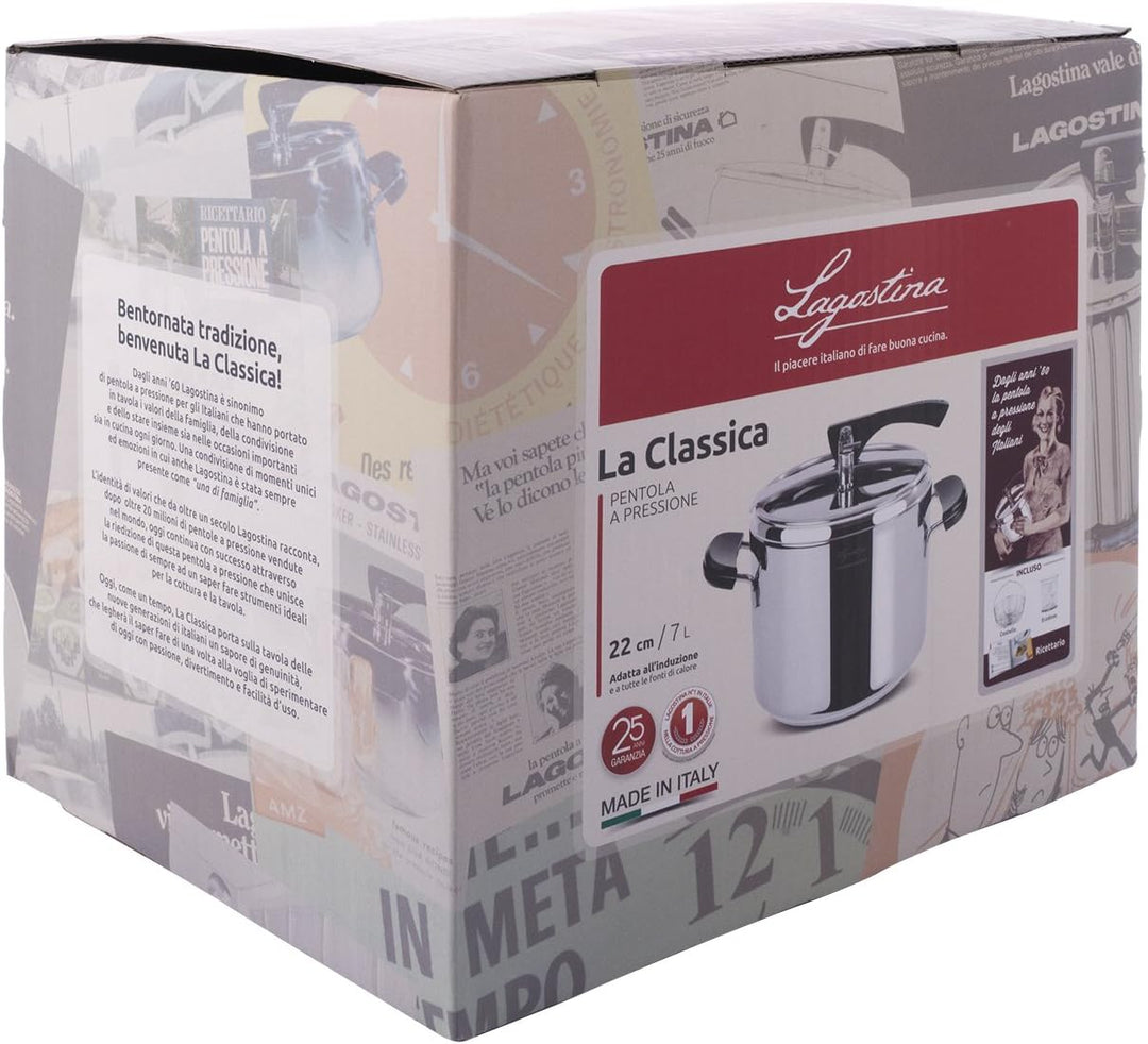 Lagostina La Classica Schnellkochtopf mit Korb und Ecodose, Ø 22 cm, 7 l, Metall, Stahl E Schwarz