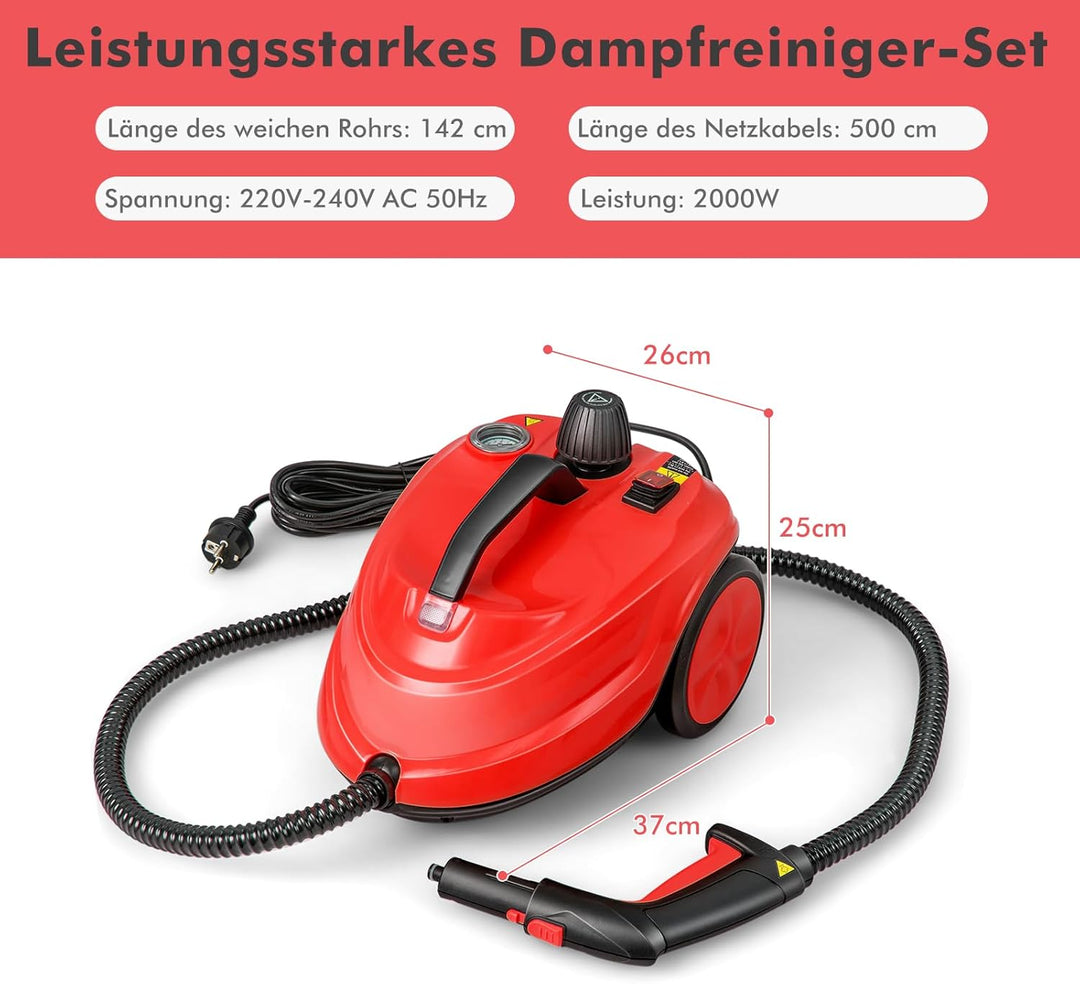COSTWAY Dampfreiniger 2000W, Dampfdruck: max. 5 bar, Temperatur bis zu 160℃, Flächenleistung: 108 m²