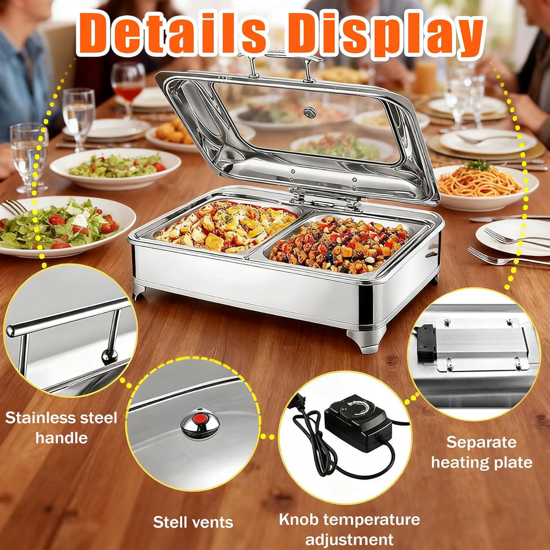 Chafing Dish Elektrisch, 9L Edelstahl Warmhaltebehälter Essen Elektrisch mit Glasdeckel, Speisewärme