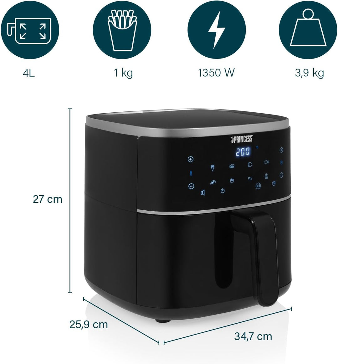 Princess Digitale Heissluftfritteuse – Füllmenge des Behälters variierbar – 4 L maximal – 6 voreinst