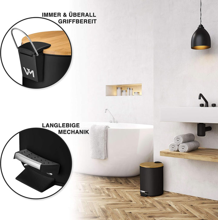 VMbathrooms 5L Kosmetikeimer in edlem schwarzem Design | Tretmülleimer mit Absenkautomatik (Soft Clo