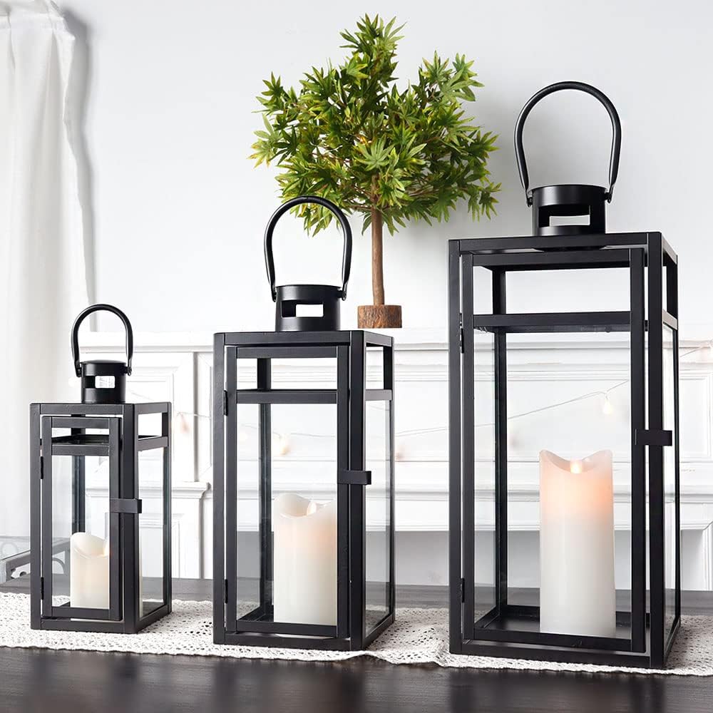 TRIROCKS Set aus 3 Edelstahl Kerzenlaterne 48cm Hoher Metallkerzenhalter mit klaren Glasscheiben Per