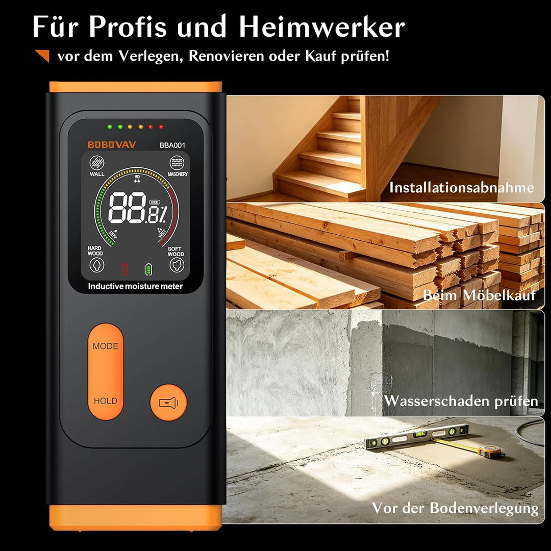 Feuchtigkeitsmessgerät Pinless, Holz- & Wandfeuchtemesser, 4 Modi ±4%, 3-farbe Alarm+Summer, LED-Tas