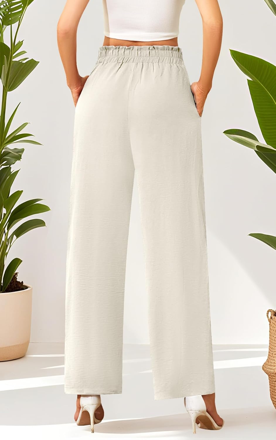 Damen Hose mit weitem Bein Leicht und Elegant Elastischer Bund Sommerhose mit Taschen für Legere Arb
