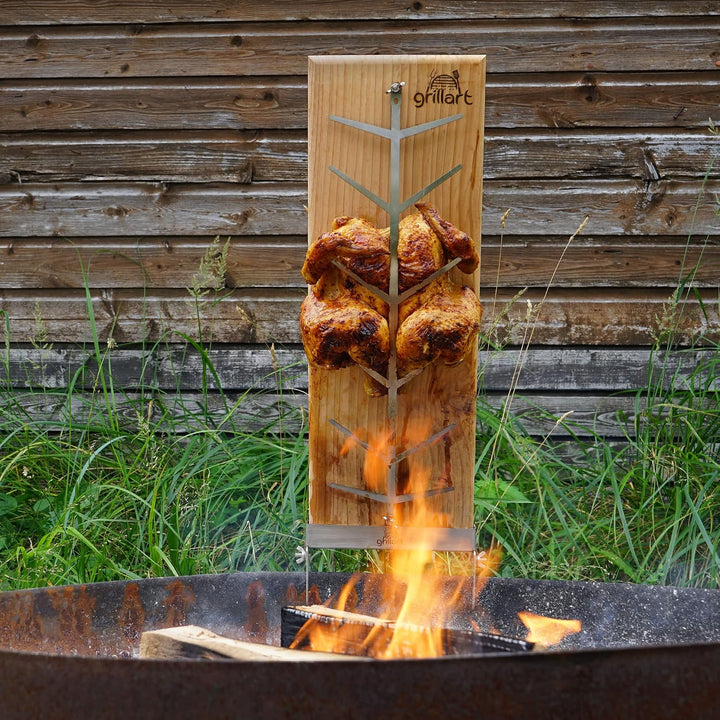 grillart® Premium Flammlachsbrett mit Halterung (Birkenholz) aus Edelstahl für herrlichen Flammlachs