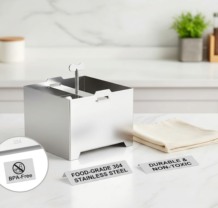 Tofupresse, Tofupresse aus Edelstahl, lebensmittelechtes Material, spülmaschinenfest, inklusive 1 Ta