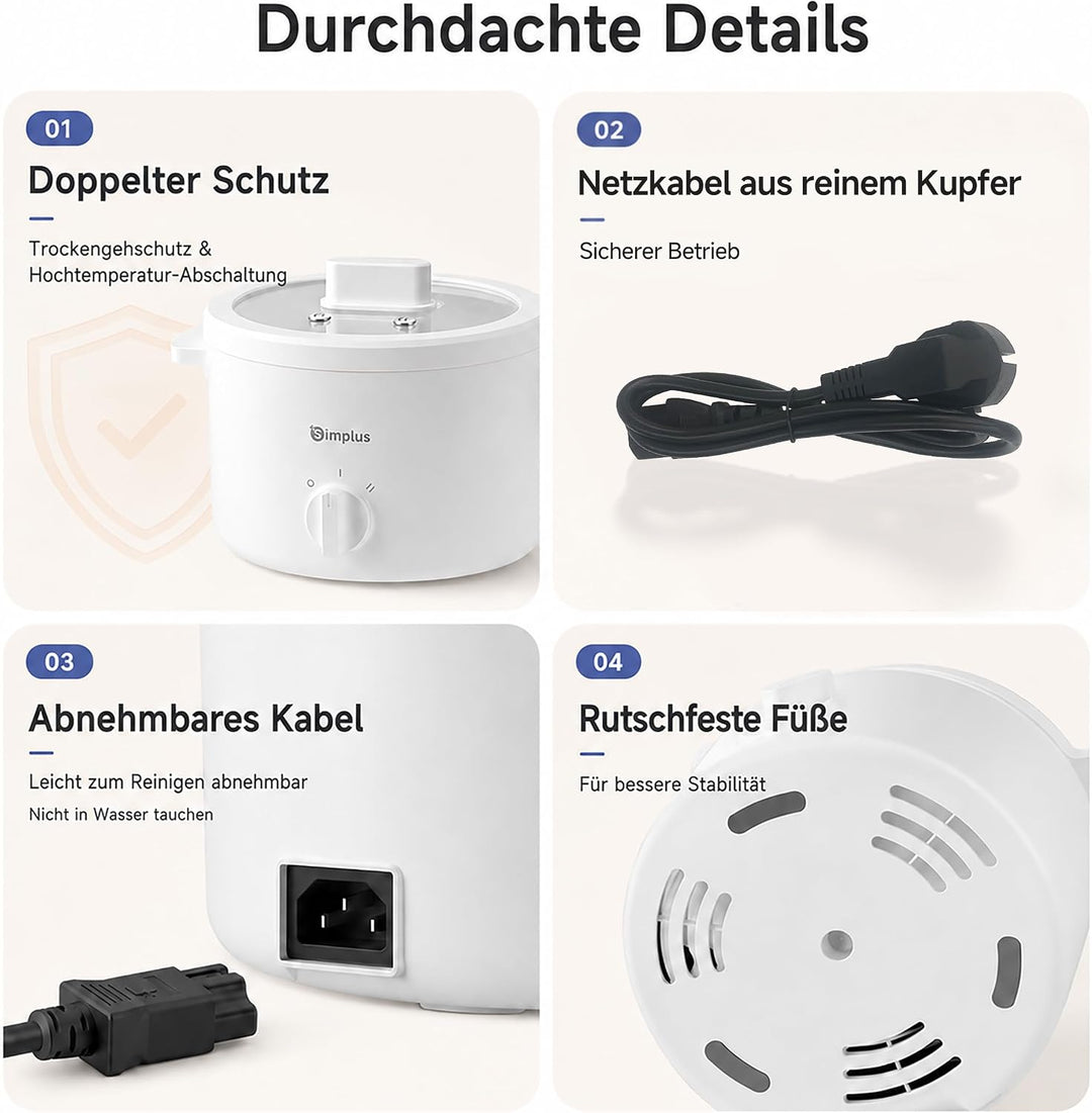 SIMPLUS Elektrischer Hot Pot 1,8 L mit Edelstahl-Dampfgarer, 600 W Elektrokochtopf mit Antihaftbesch