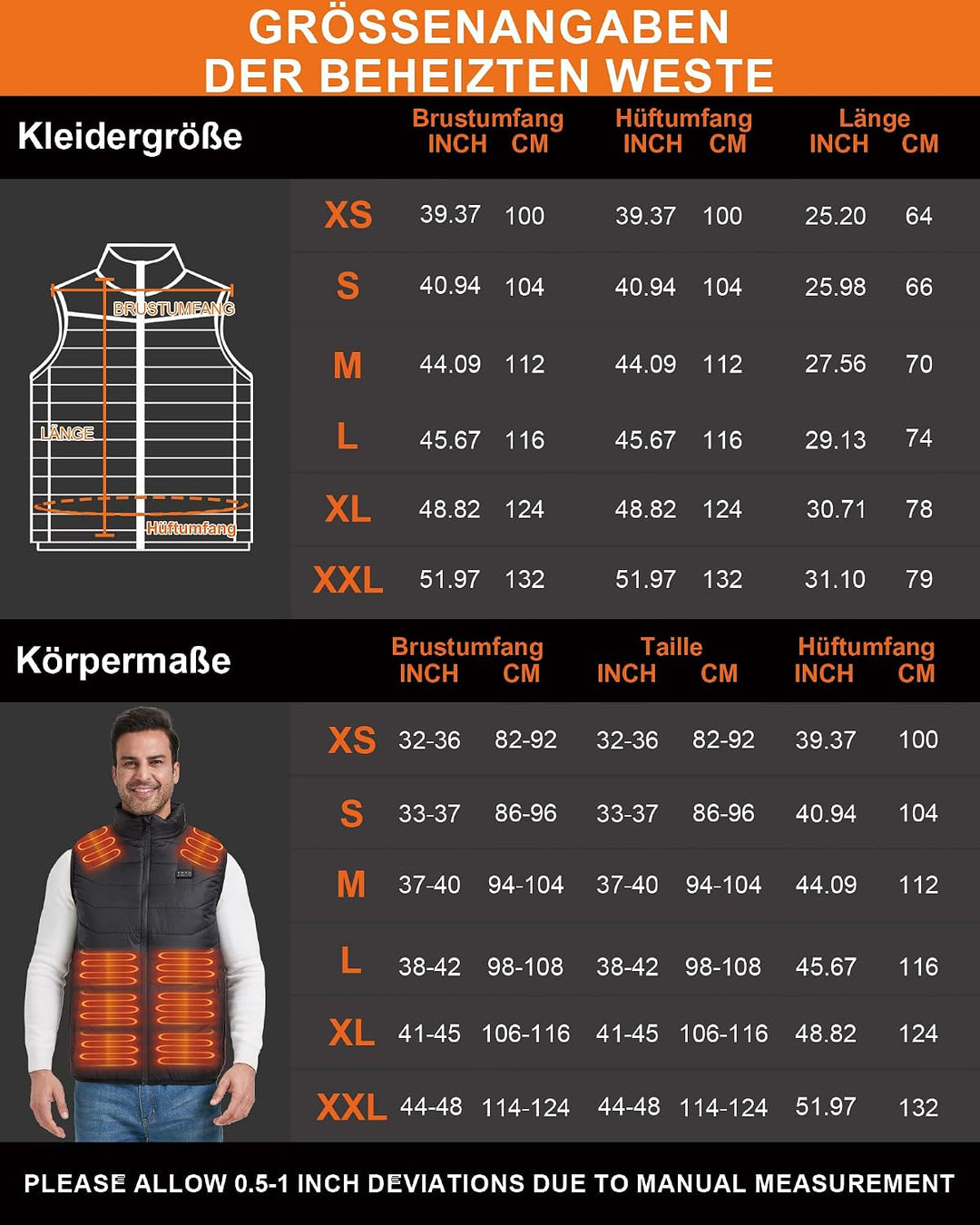 Beheizbare Weste Herren und Damen with 26 Heizbereiche – Heizweste with Kompatibel mit 5V/7.4V, schn