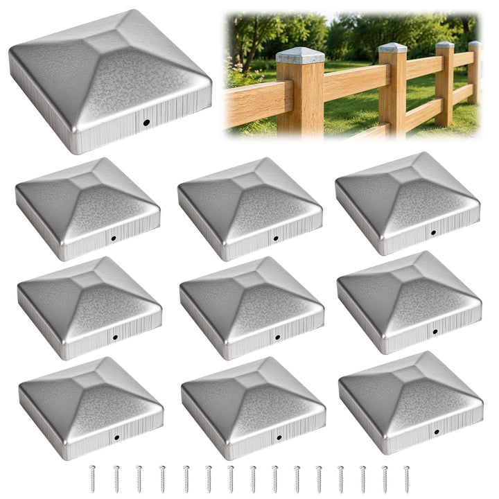 9x9 cm Pfostenkappen, 10 verzinkter Stahl Pfostenkappen mit 20 Schrauben, Pyramide Zaun Pfostenkappe