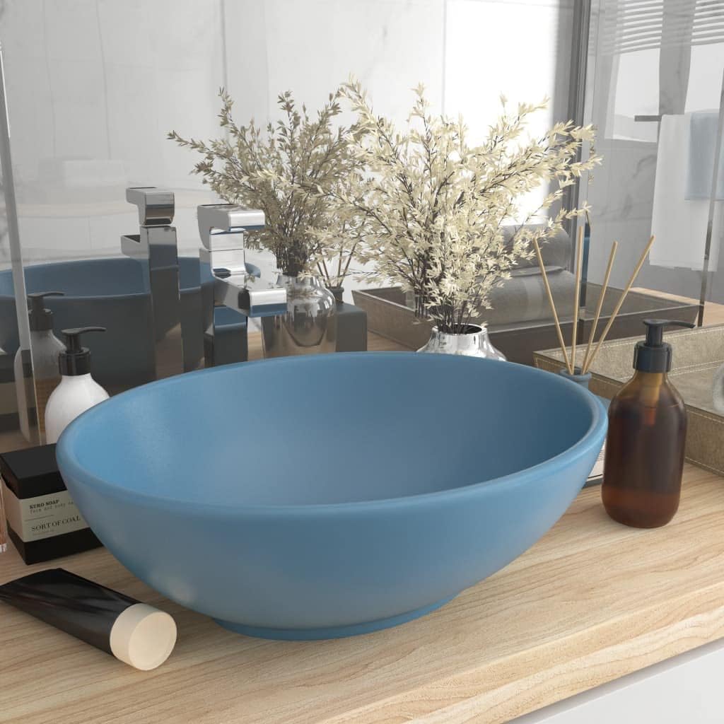 HOMIUSE Luxuriöses Ovales Waschbecken Matt Hellblau 40x33 cm Keramik Waschbecken Waschtisch Aufsatzw