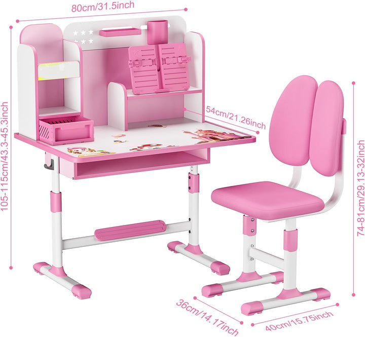 Kids Desk and Chair Set, Hhe Verstellbarer Kinder Schreibtisch mit Ablagefchern und Bcherregal, Ergo