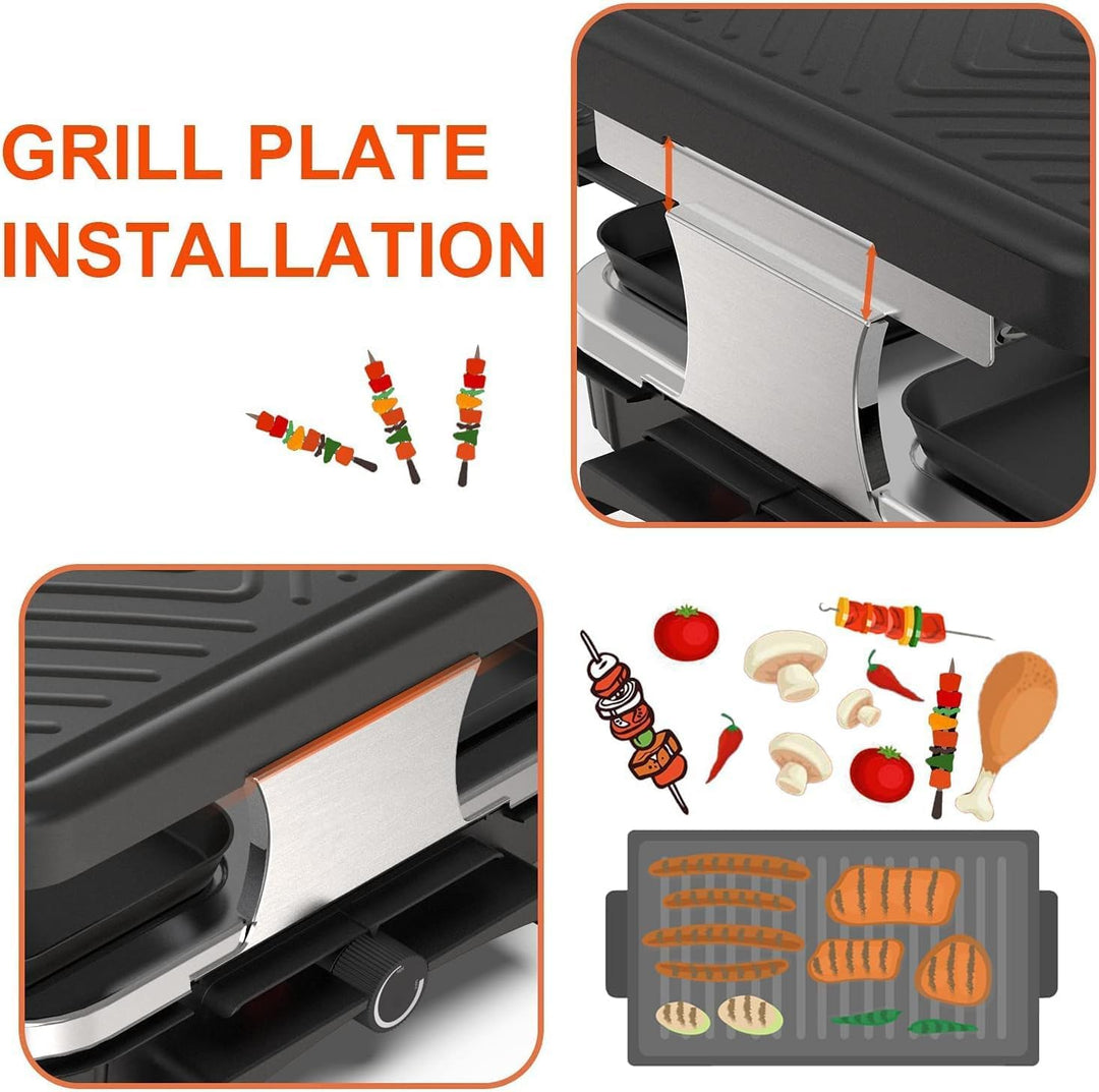 HengBO Raclette Grill für 8 Personen mit 8 Antihaft-Pfännchen, Stufenlos Verstellbare Grillplatte, E
