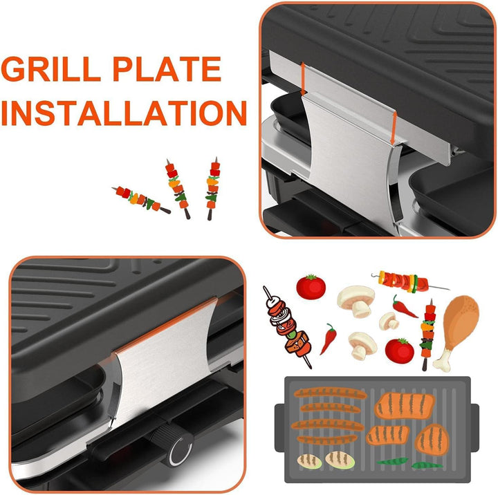 HengBO Raclette Grill für 8 Personen mit 8 Antihaft-Pfännchen, Stufenlos Verstellbare Grillplatte, E
