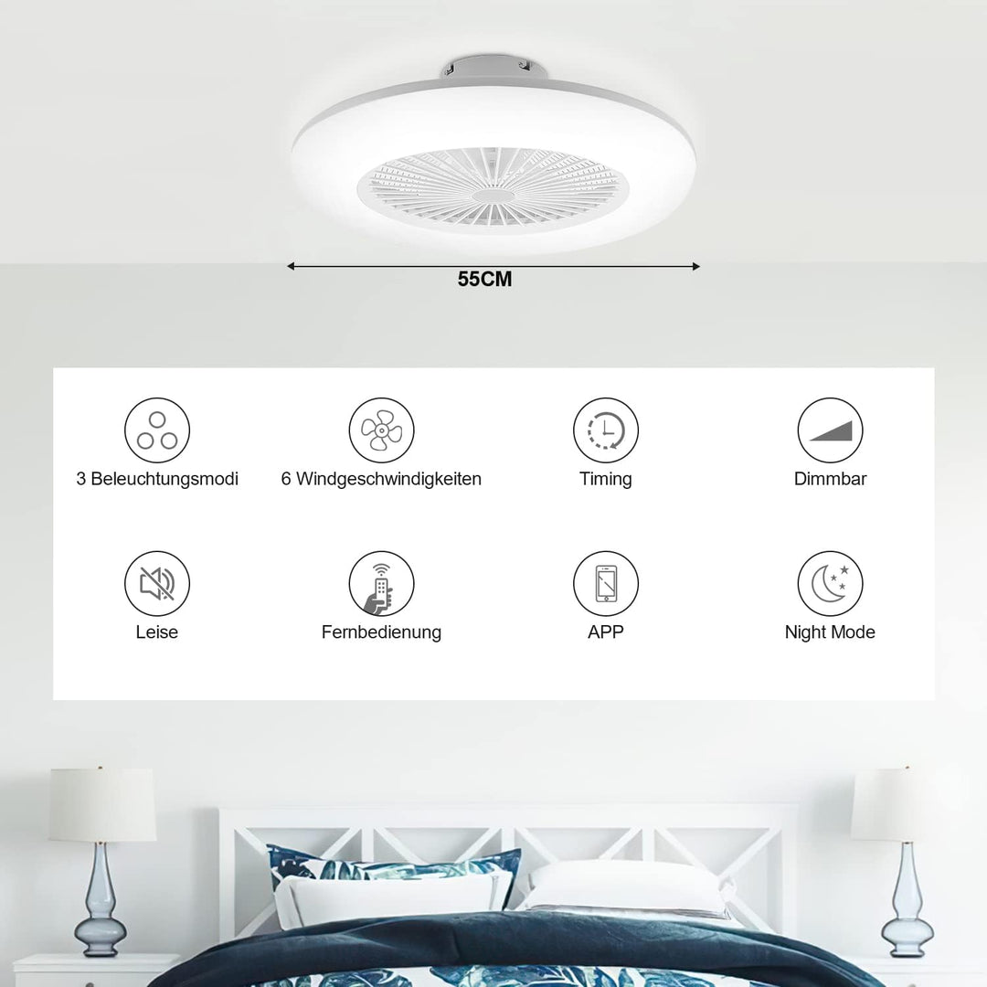 Deckenventilator mit Beleuchtung 80W, 55CM LED Dimmbar Ventilatorlicht mit Fernbedienung und APP, 6