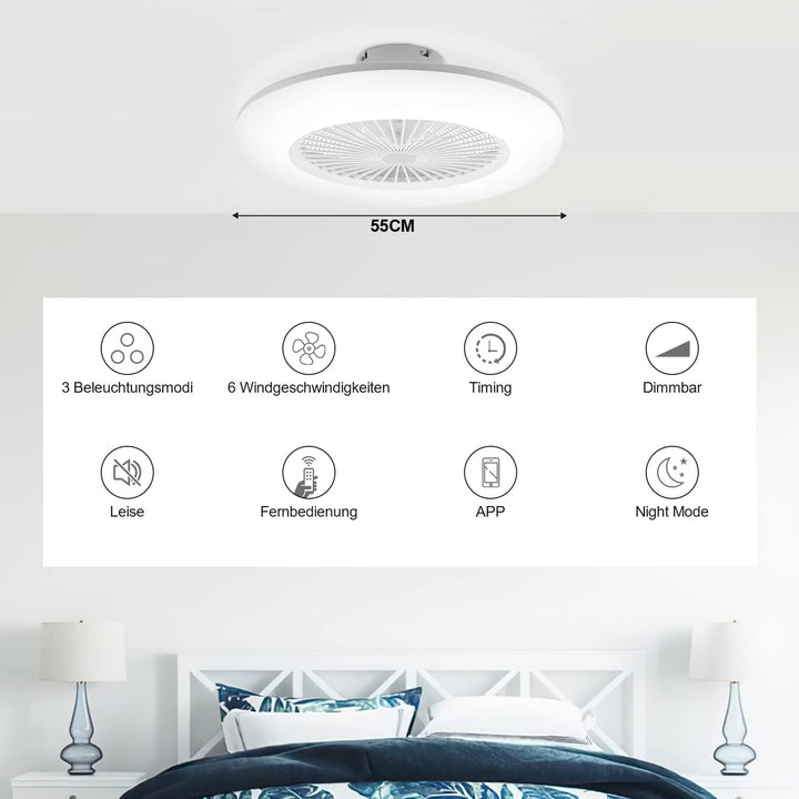 Deckenventilator mit Beleuchtung 80W, 55CM LED Dimmbar Ventilatorlicht mit Fernbedienung und APP, 6