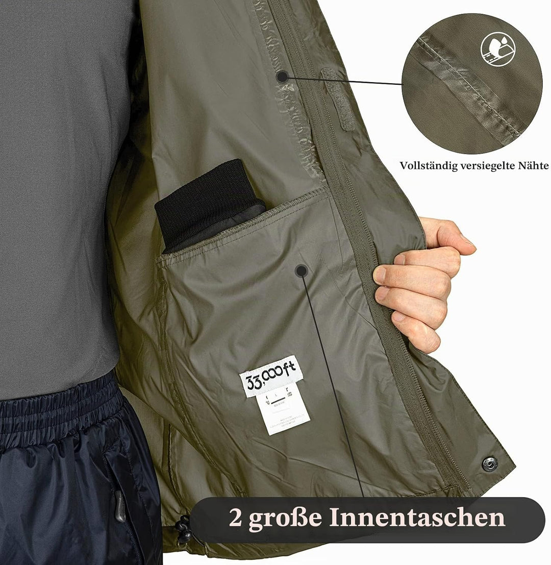 33,000ft Regenjacke Herren Leicht Wasserdicht Faltbare Regenmantel mit Kapuze Fahrrad Rain Windbreak