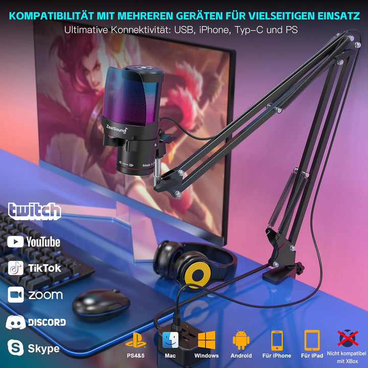 ZealSound USB Gaming Mikrofon für PC/Mac/Handy mit 2 Ständer & 2 Adapters, 192kHz/24bit mit Noise Ca