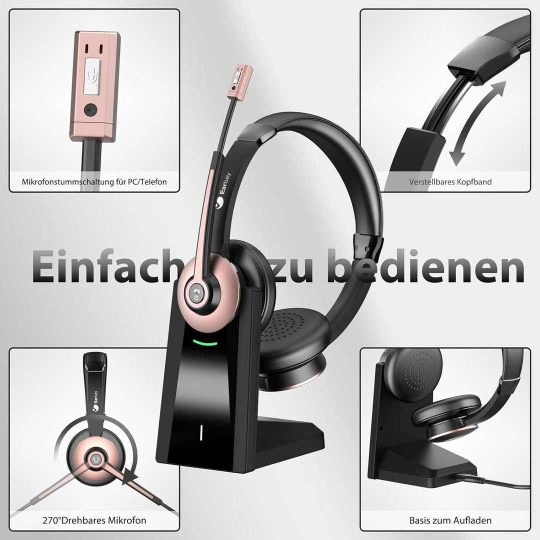 Earbay Kabelloses Headset, Bluetooth-Headset mit Mikrofon und Rauschunterdrückung & USB-Dongle, Kabe