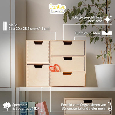 Creative Deco Kleine Kommode aus Holz | 5 Schubladen | 36 x 20 x 28,5 cm | Schreibtisch-Organizer |