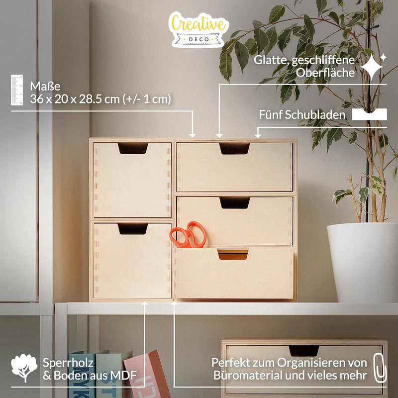 Creative Deco Kleine Kommode aus Holz | 5 Schubladen | 36 x 20 x 28,5 cm | Schreibtisch-Organizer |