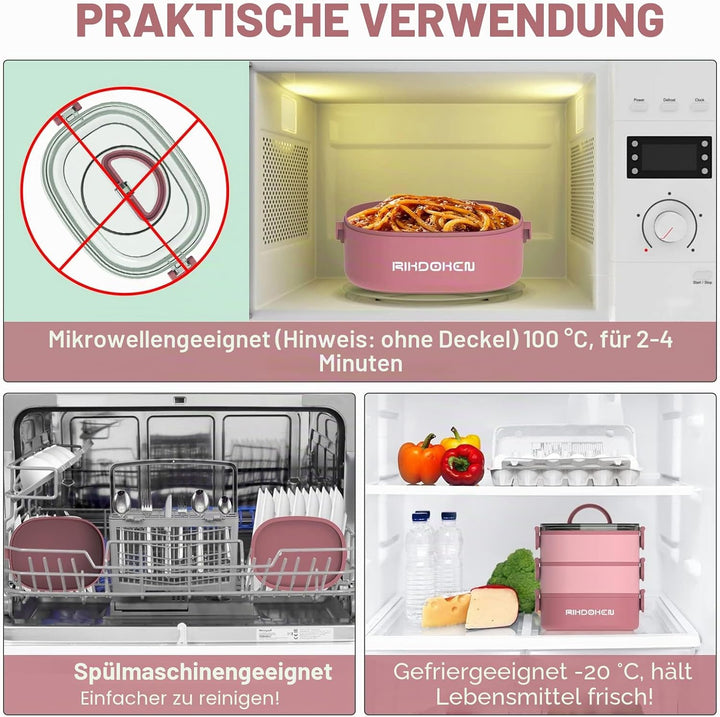 RIKDOKEN Bento Box Lunchbox, stapelbare 3-lagige Behälter, tragbare 2.6 l grosse Kapazität, auslaufs