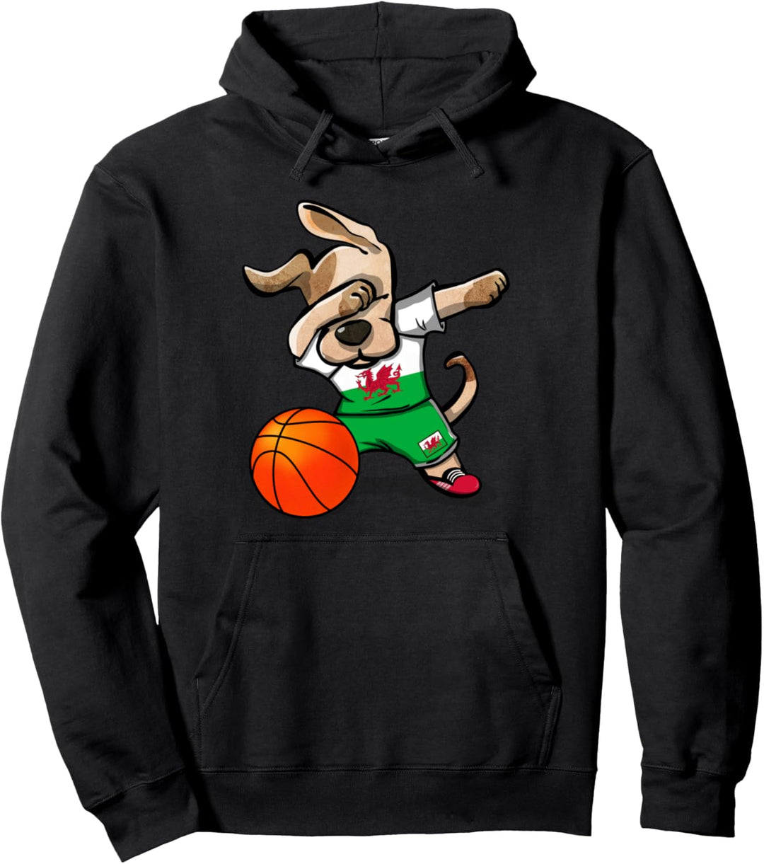 Funny Dabbing Dog Hund Wales Basketball - Walisische Flagge Pullover Hoodie