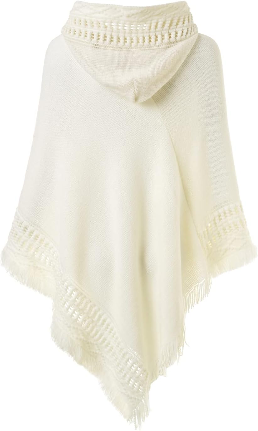 Ferand Damen Poncho mit Kapuze und gehäkeltem Cape mit Fransensaum für Herbst Winter Einheitsgrösse
