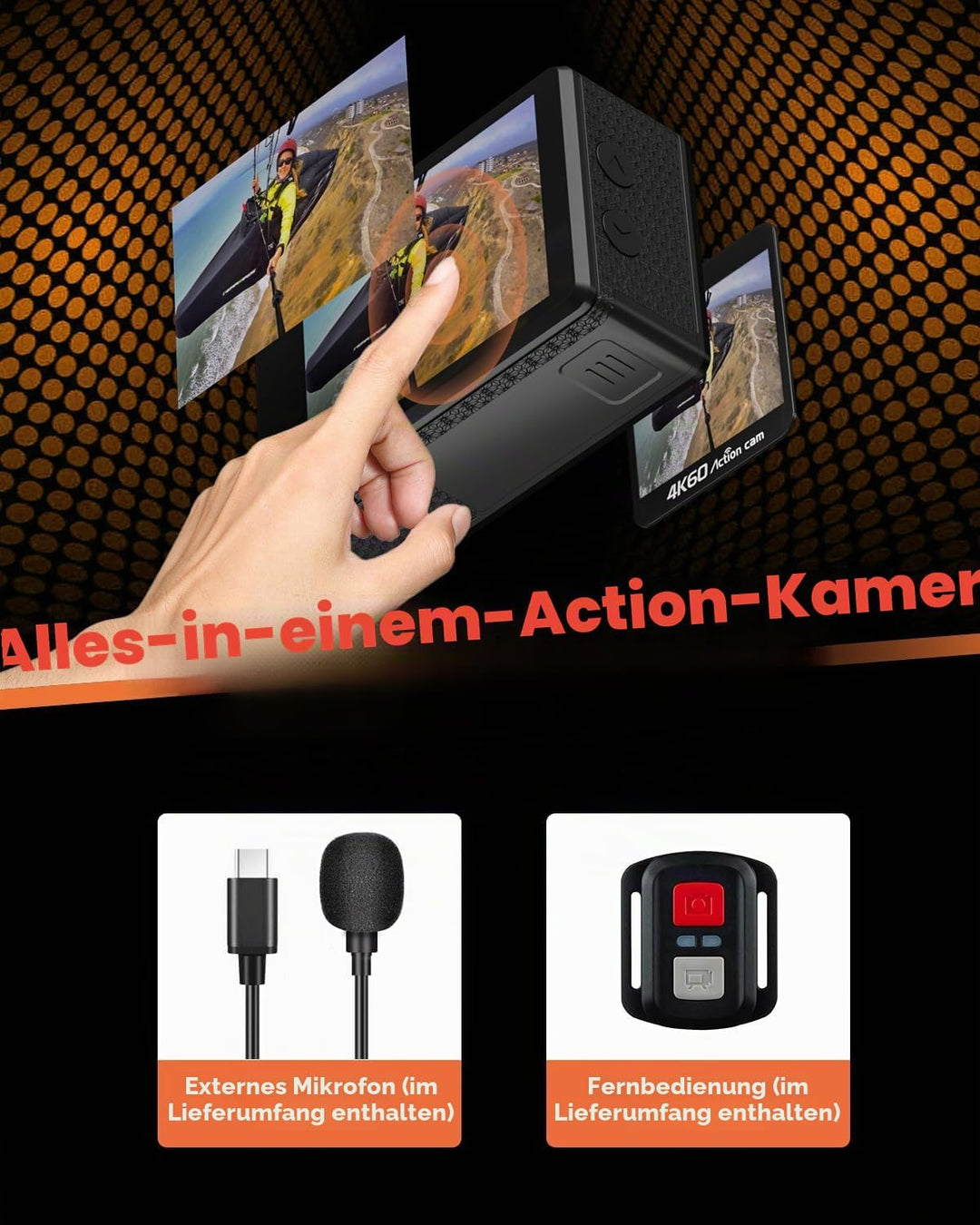 4K60FPS 24MP Action Cam, Touchscreen Sportkamera mit 64GB SD-Karte, Unterwasserkamera 131FT Wasserdi