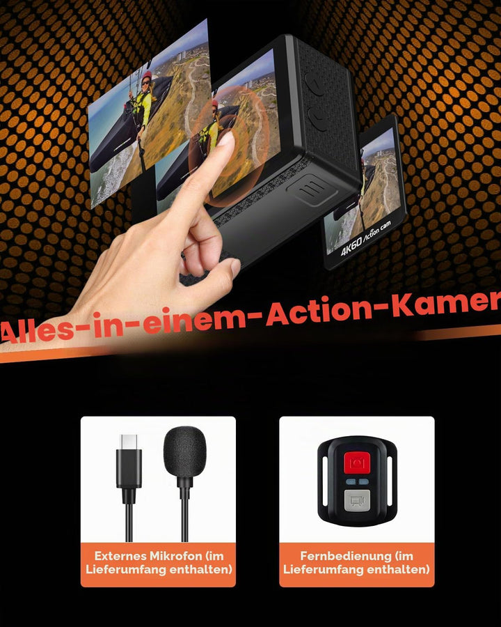 4K60FPS 24MP Action Cam, Touchscreen Sportkamera mit 64GB SD-Karte, Unterwasserkamera 131FT Wasserdi