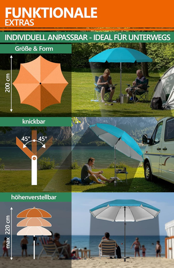 4smile Sonnenschirm Strand SunnyJoy 3-IN-1-SET, Fb. Türkis - Strandschirm Ø 200 cm + Bodenhülse + Sc