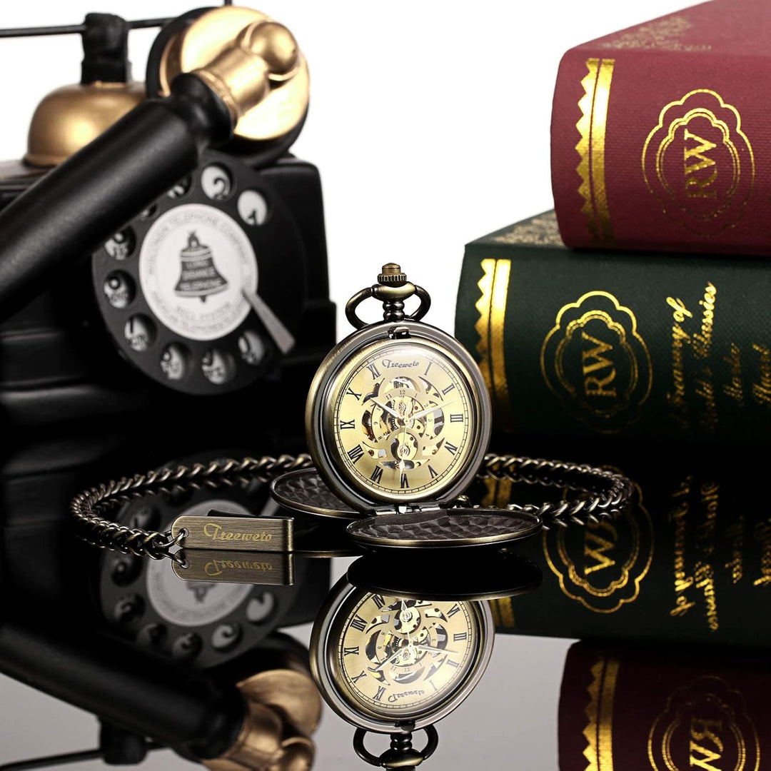 TREEWETO Taschenuhr Unisex Taschenuhr mit Kette Analog Mechanisch Handaufzug Doppelscharnier Antik R