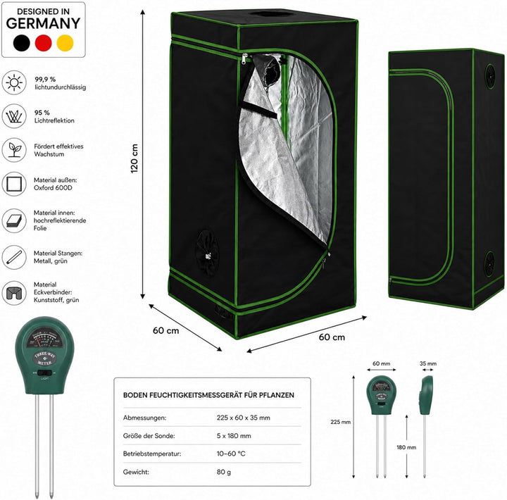 Mucola Growzelt 60x60x120 cm Set mit 3-in-1 Messgerät Zuchtzelt für Hydrokulturen zur Pflanzenzucht