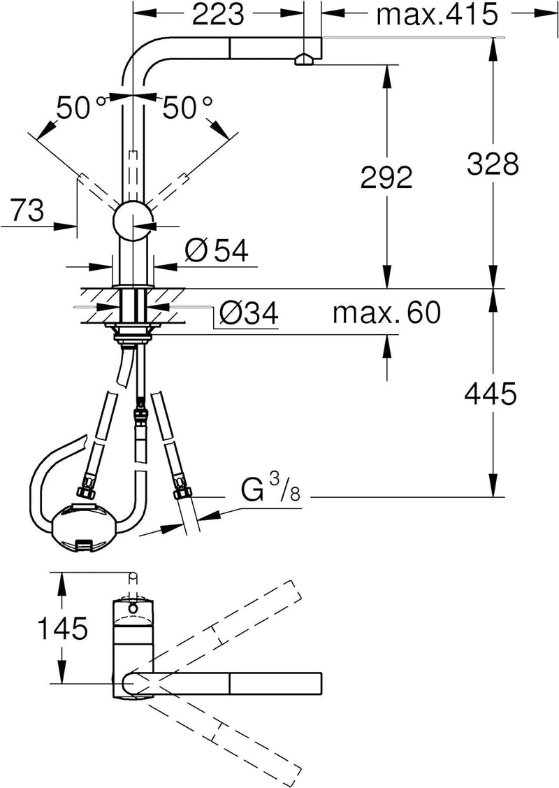 GROHE Minta - Einhand-Spültischbatterie (L-Auslauf, Schwenkbereich 360°, Einlochmontage), supersteel