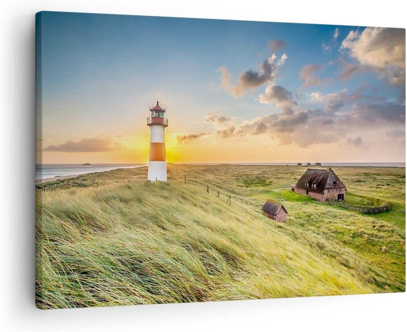 Bilder auf Leinwand Leuchtturm Meer Leinwandbild mit Rahmen 70x50cm Wandbilder Dekoration Wohnzimmer