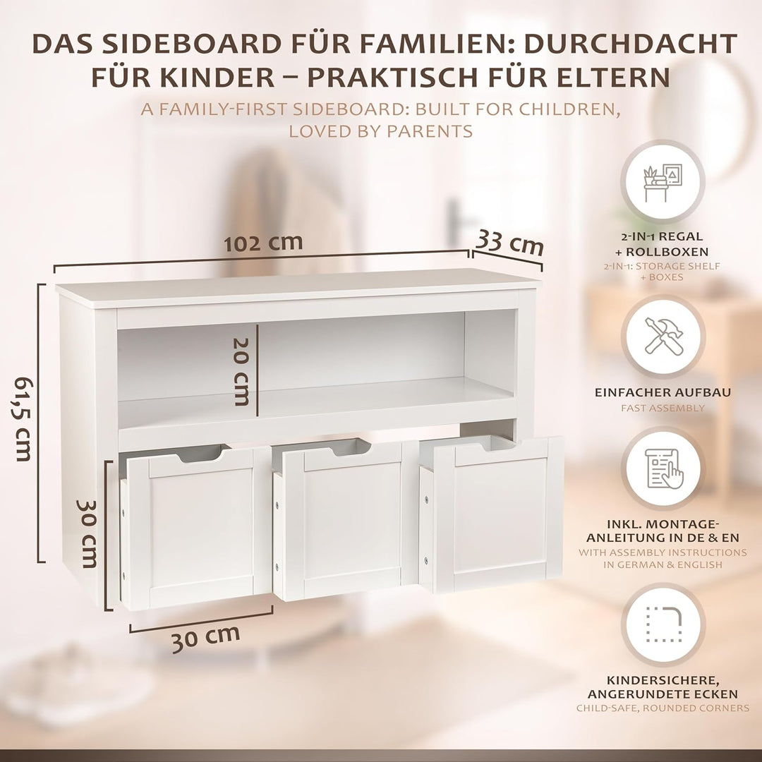 ONVAYA Sideboard mit Rollboxen - Praktisches Kinder Bücherregal und Kuscheltier Aufbewahrung - Moder