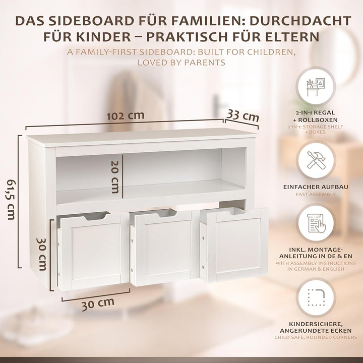 ONVAYA Sideboard mit Rollboxen - Praktisches Kinder Bücherregal und Kuscheltier Aufbewahrung - Moder