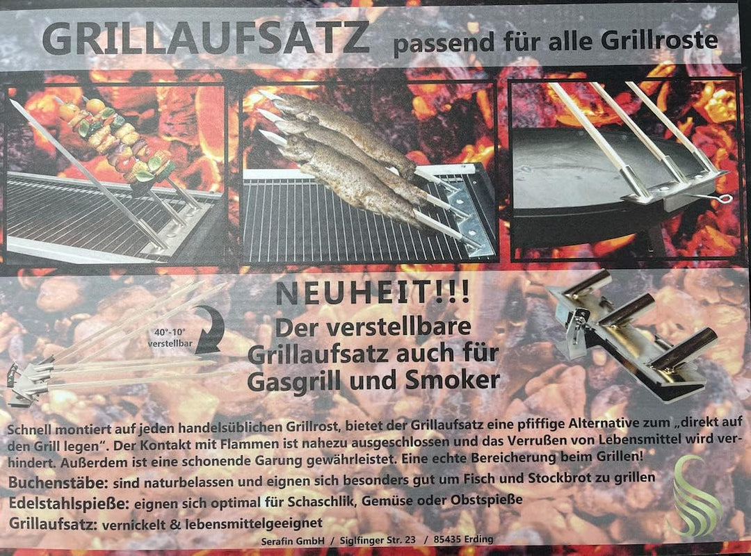 Serafin Verstellbarer Grillaufsatz aus Edelstahl – robuste Grillhilfe für Grillrost & Feuerschale, Z