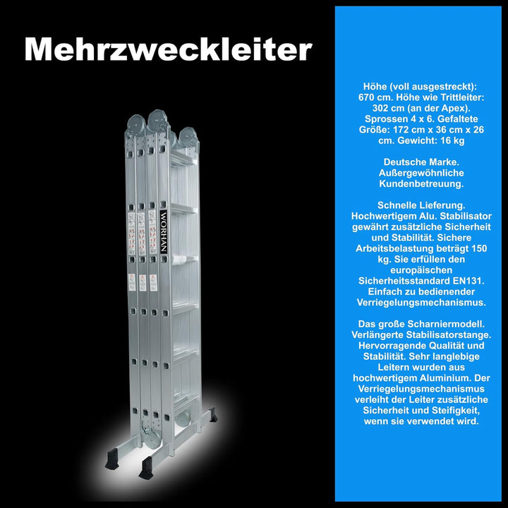 WORHAN MEHRZWECKLEITER ANLEGELEITER STEHLEITER 670cm AUS Aluminium Leiter 6,7m KS6.7, 6,7m