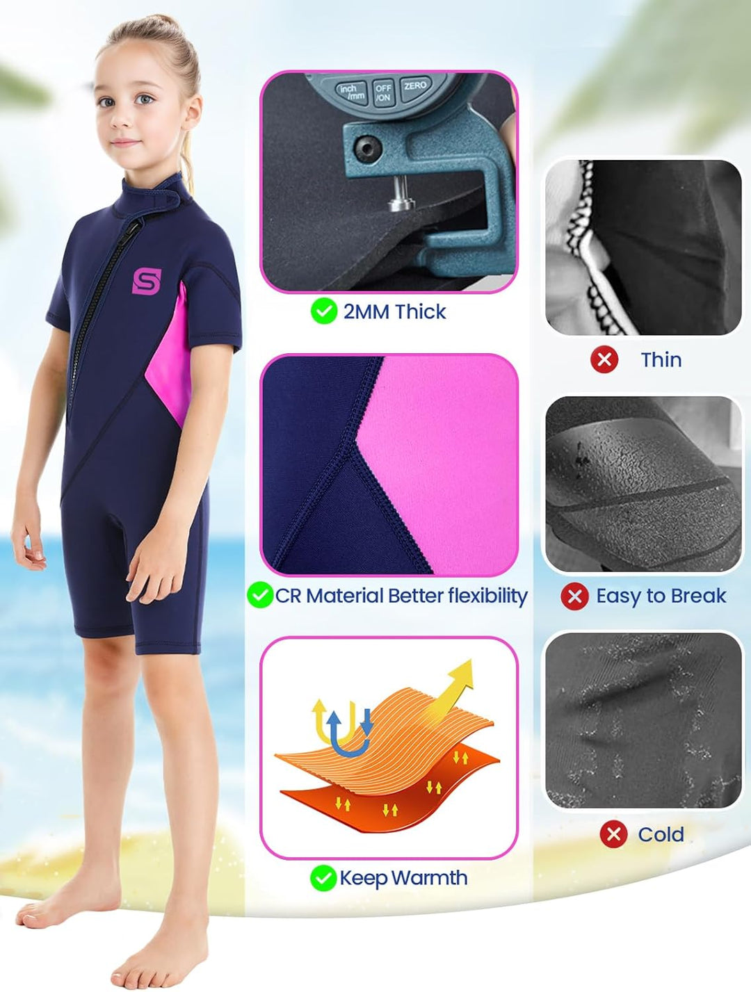 Summshall Neoprenanzug Kinder，2MM Neopren Shorty Wärmender Badeanzüge für Mädchen Jungen Thermal Tau