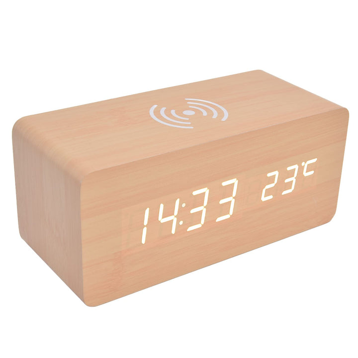 Digitaler Holzwecker, Radiowecker 12/24 Stunden LED-Elektronische Uhr mit Schneller Drahtloser Lades