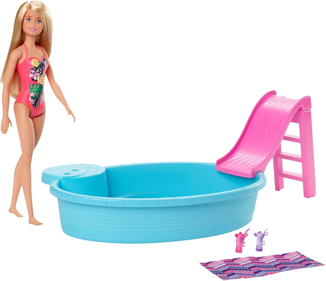 Barbie-Pool, 1x Puppe mit blonden Haaren, Pool und Rutsche, Accessoires, Geschenk für Kinder, Spielz