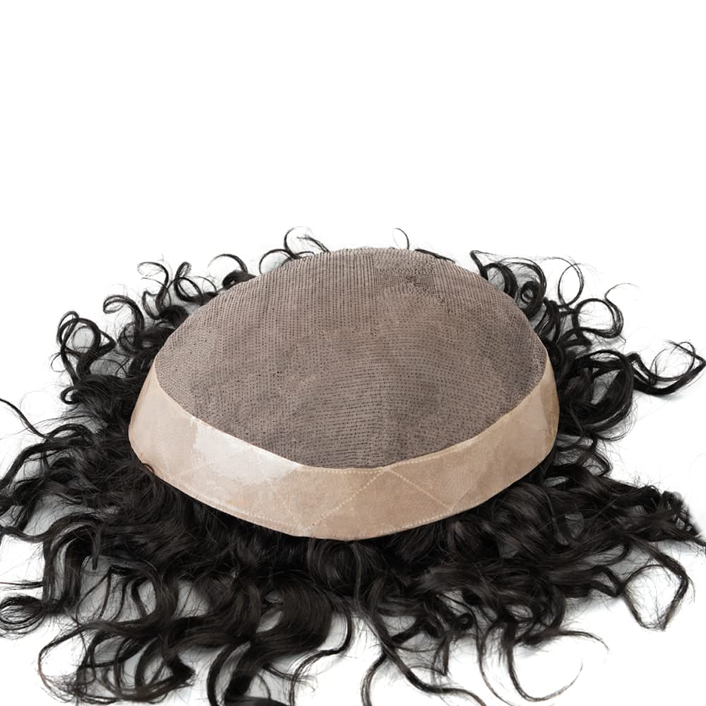 Lordhair Lockige Toupet für Männer, Echthaar-Toupet, Haarersatzsystem(Off Schwarz 1B#) 20*25CM 20 MM